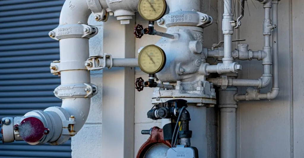 An advanced sprinkler system next to a commercial building.